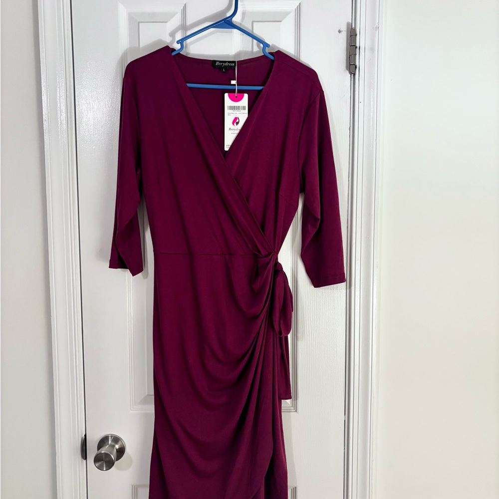 Beverly Hills Polo Club Wrap-Front Midi Dress in Deep Berry